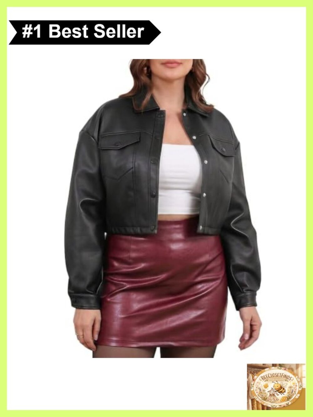 Faux Leather Cropped Biker Jacket Plus Size Button Point Collar Casual